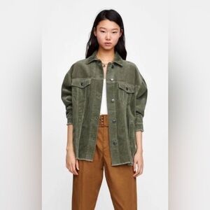 Zara Corduroy Olive Green Button Down Collard Jacket Size S #1541